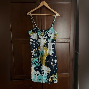 DKNY Floral Print Cotton Slip Dress - Teal, Navy & Mustard L